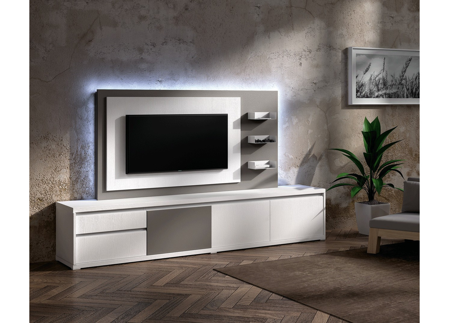 meuble tv design blanc avec panneau tv gris brun