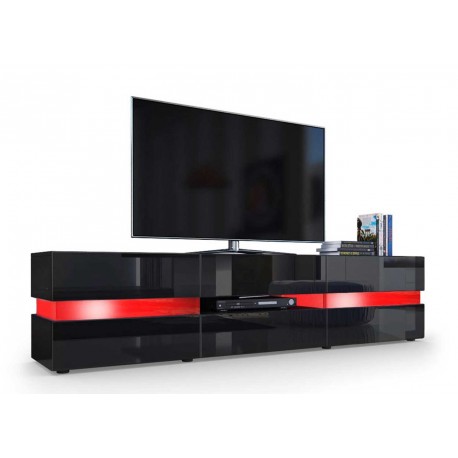 Meuble télé hifi lumineux laqué noir 3 portes 1 tiroir