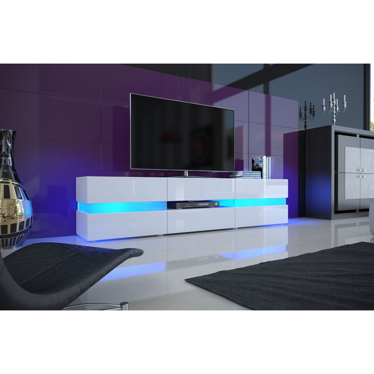 Meuble TV hifi lumineux laqué blanc 3 portes 1 tiroir