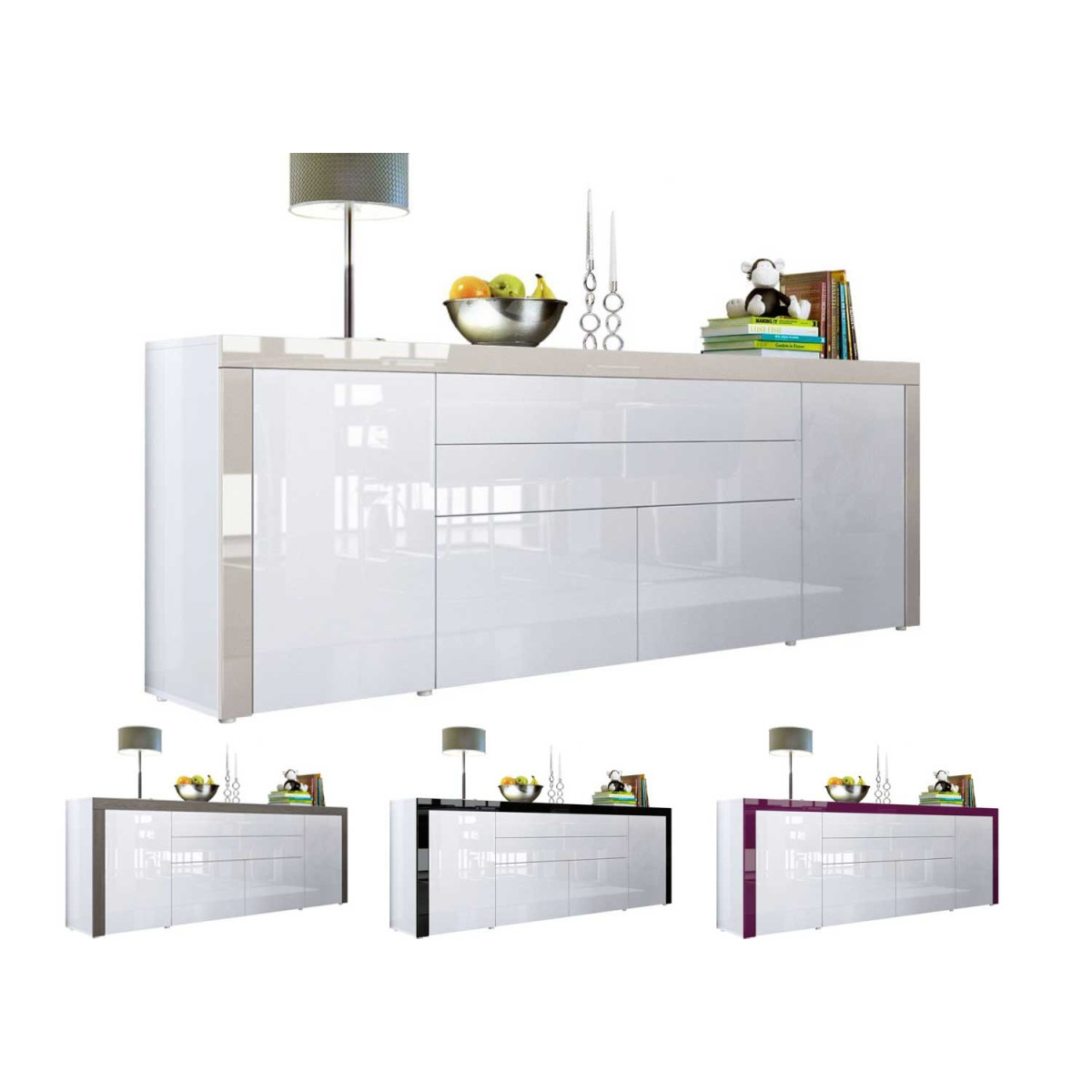 Buffet design blanc laqué 200 cm - 4 portes - 2 tiroirs