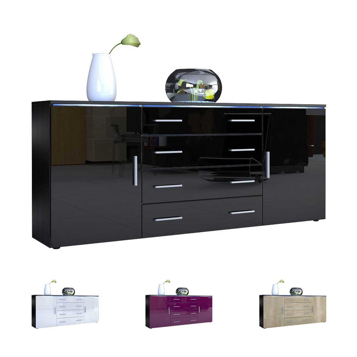 Buffet moderne noir 4 tiroirs et 2 portes