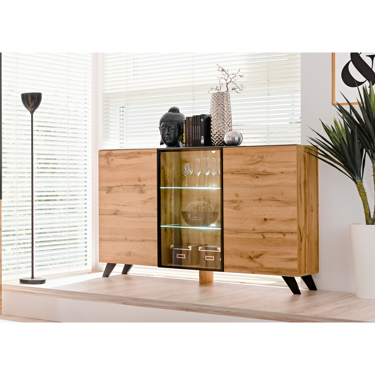 Buffet en Bois et Verre avec Éclairage Led