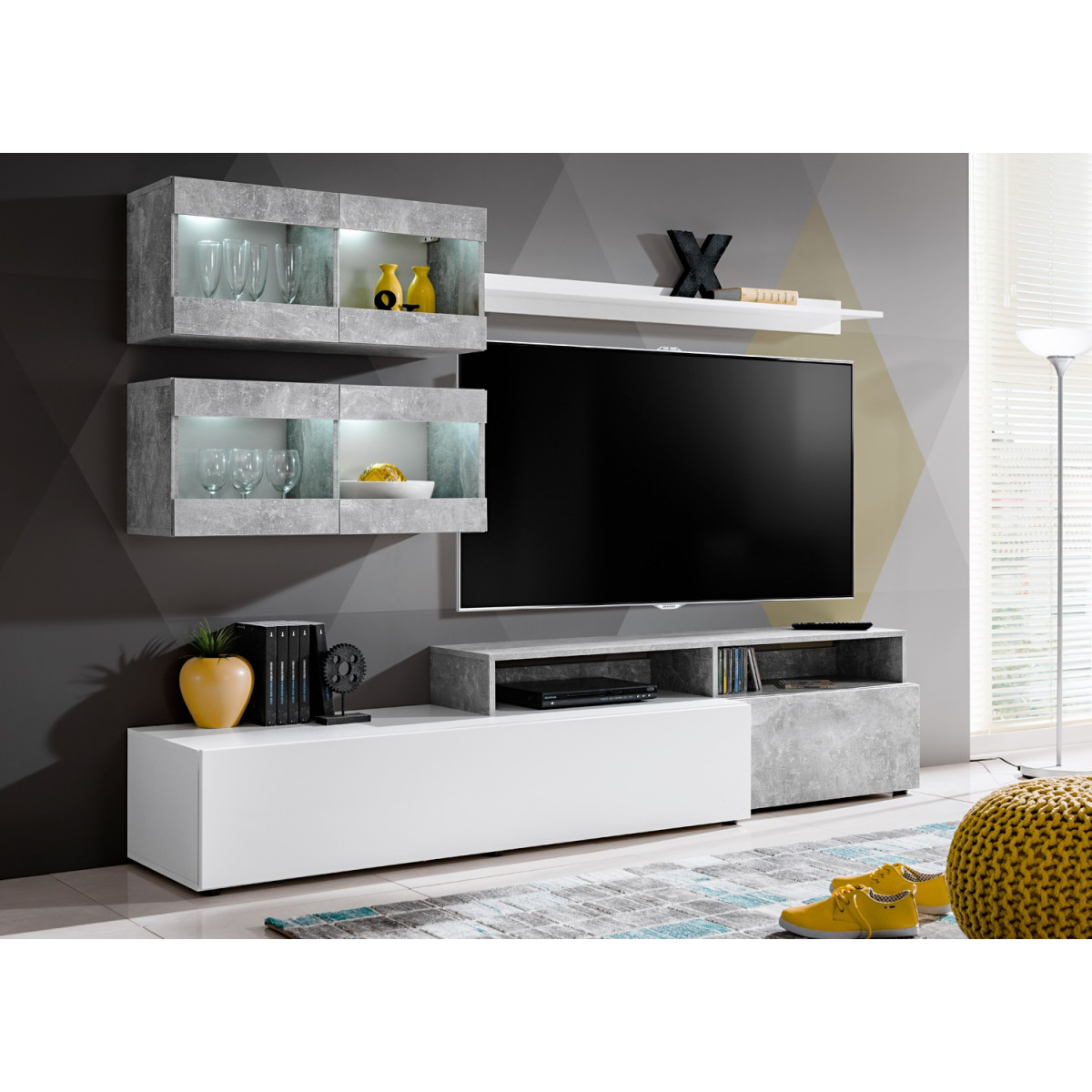 Meuble TV Gris et Blanc avec Éclairage Lumineux