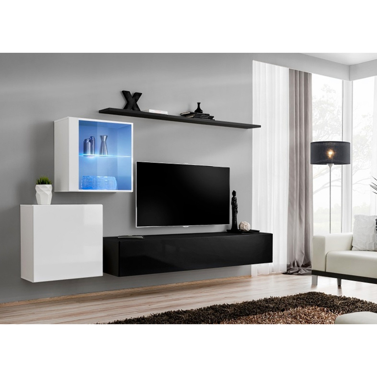 Meuble TV haut blanc laqué blanc mat et chêne 182 cm - Cbc-Meubles