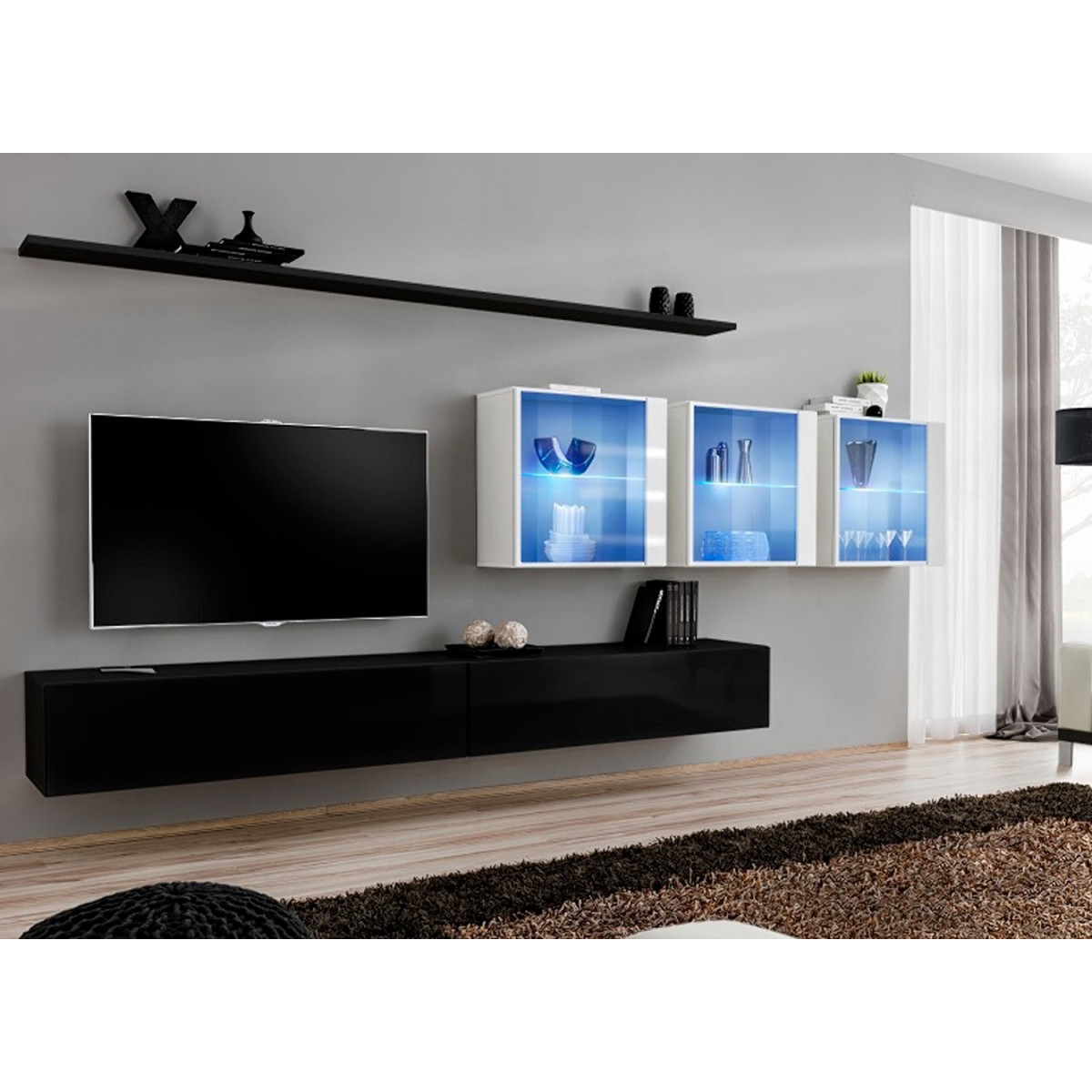 Meuble TV Mural Design Blox I 280cm Blanc & Noir