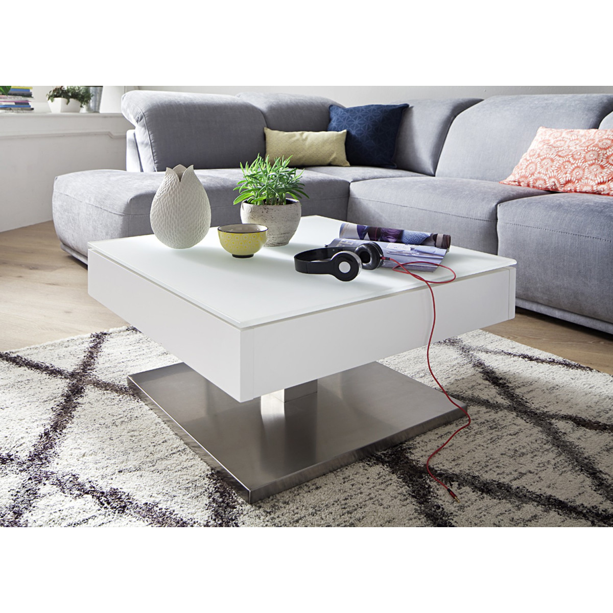 Table basse carrée plateau verre blanc rotatif