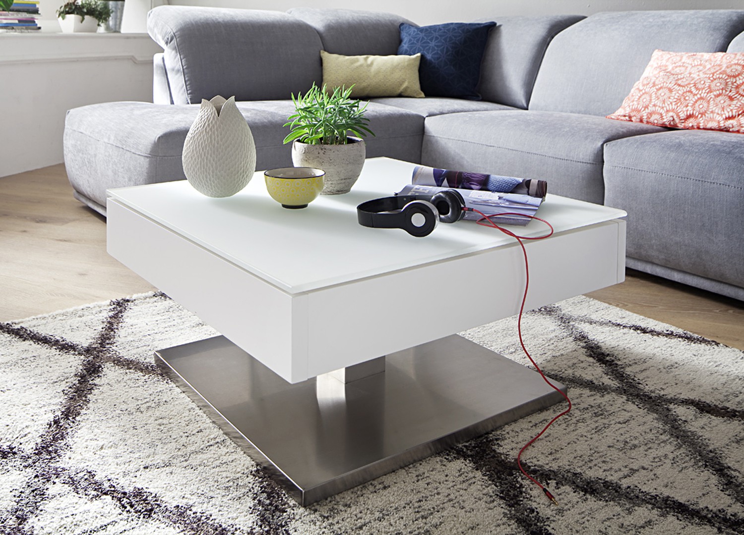 Table basse carrée plateau verre blanc rotatif