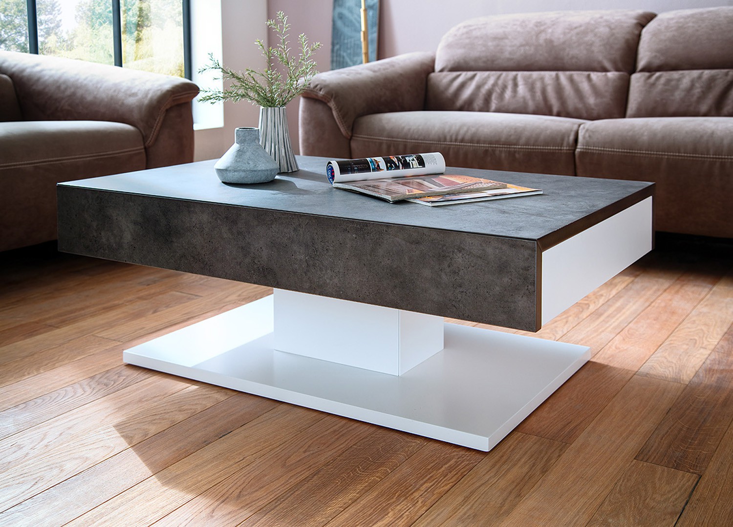 Table basse design 2 tiroirs blanc laqué mat et béton