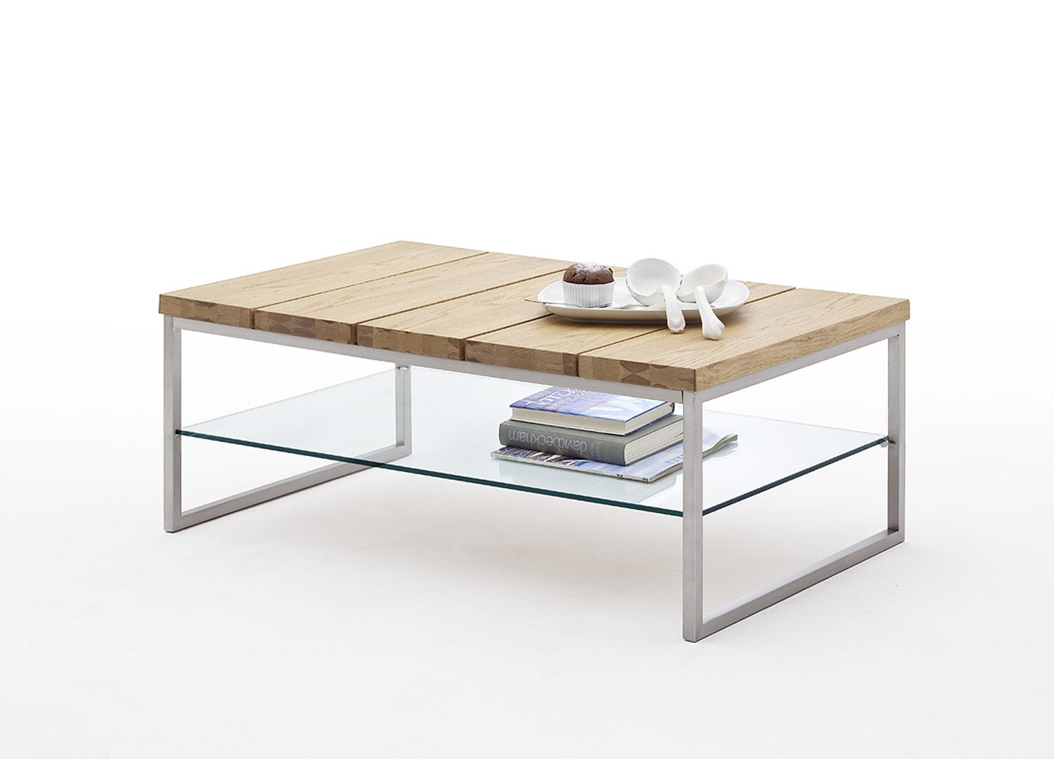 Table basse rectangulaire chêne massif, métal et verre