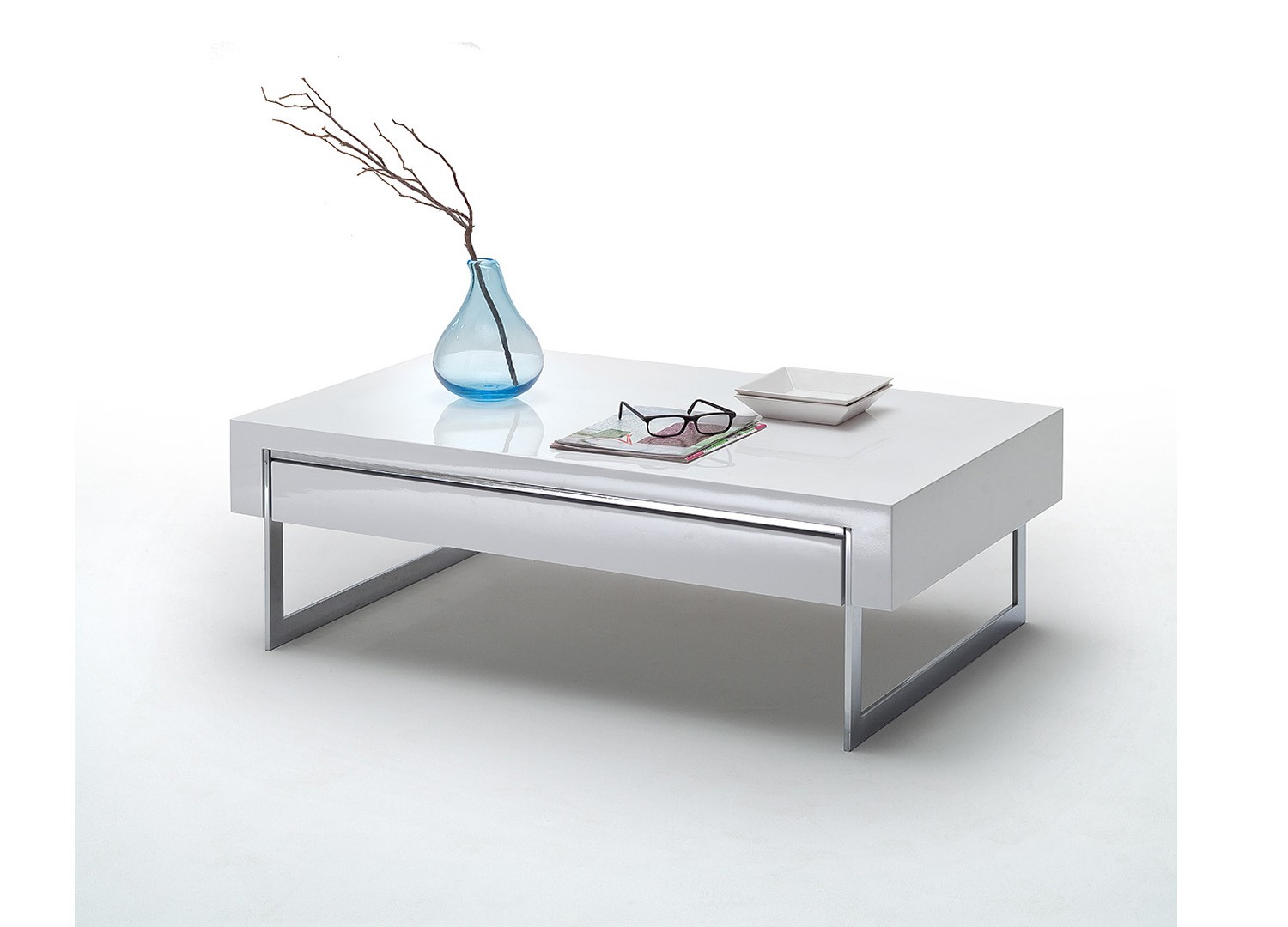 Table basse design blanc laqué et métal