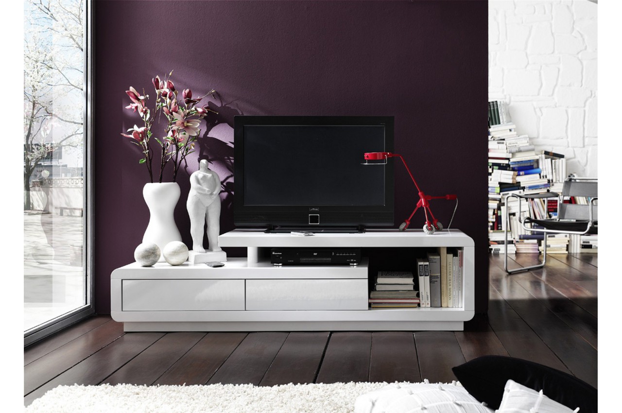 Meuble TV blanc laqué & Led rgb design moderne de salon