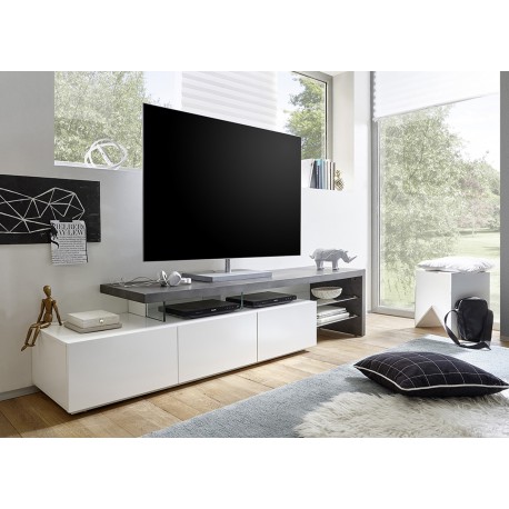 Meuble TV design effet béton et blanc laqué mat 3 tiroirs