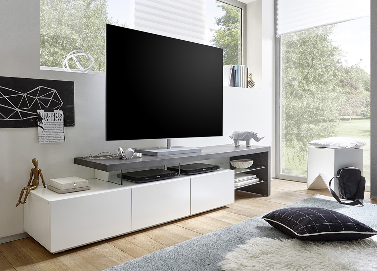 Meuble TV design effet béton et blanc laqué mat 3 tiroirs
