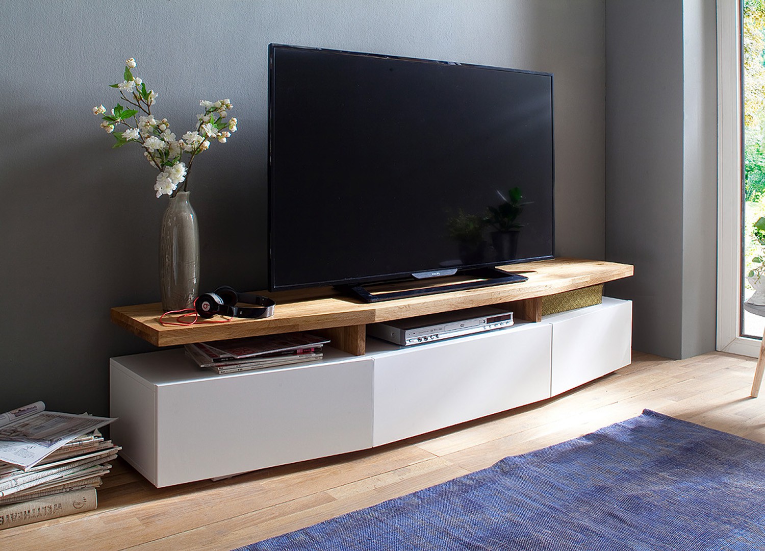 Meuble TV design chêne massif et blanc