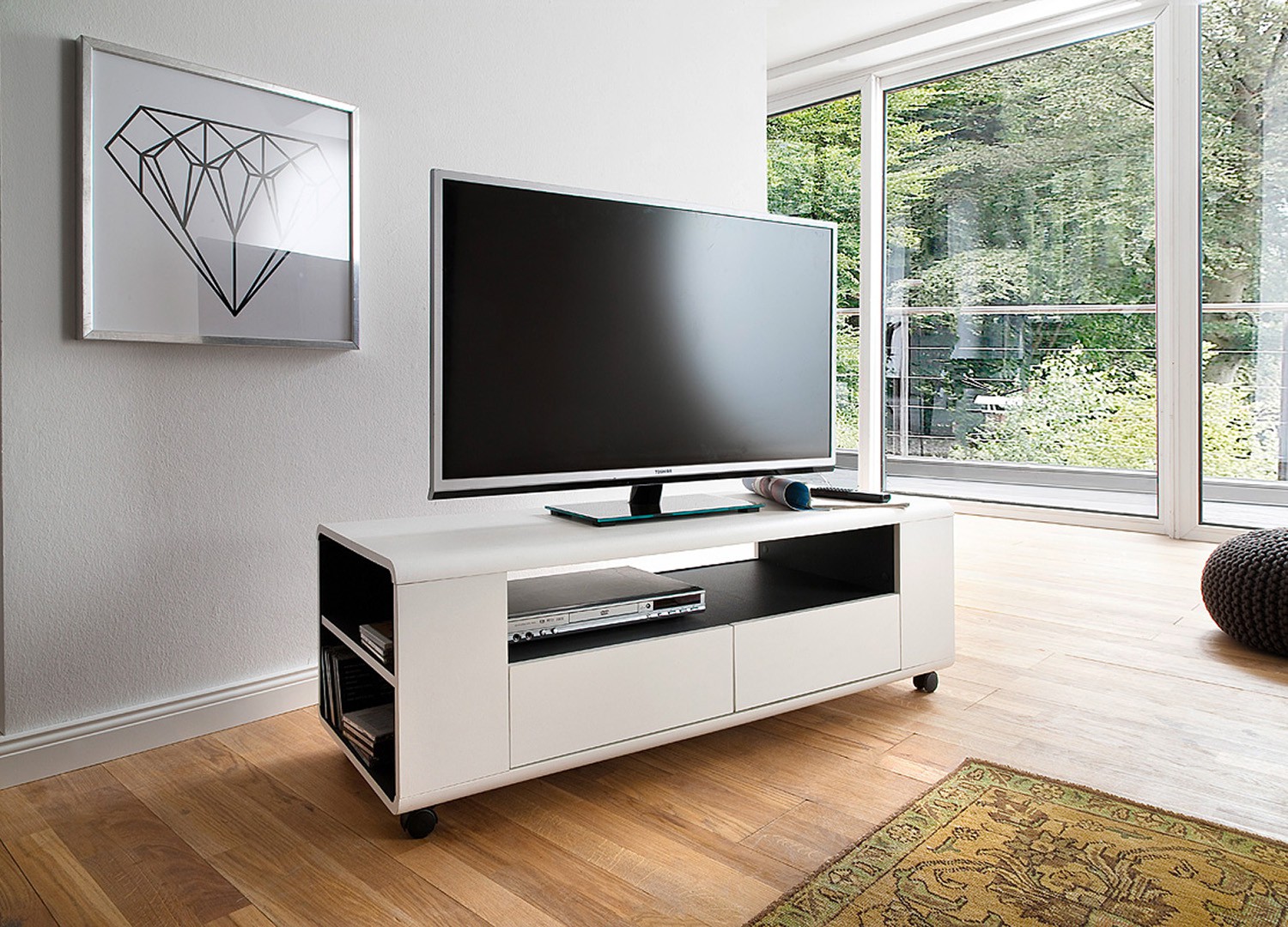 Meuble TV design blanc sur roulettes pas cher