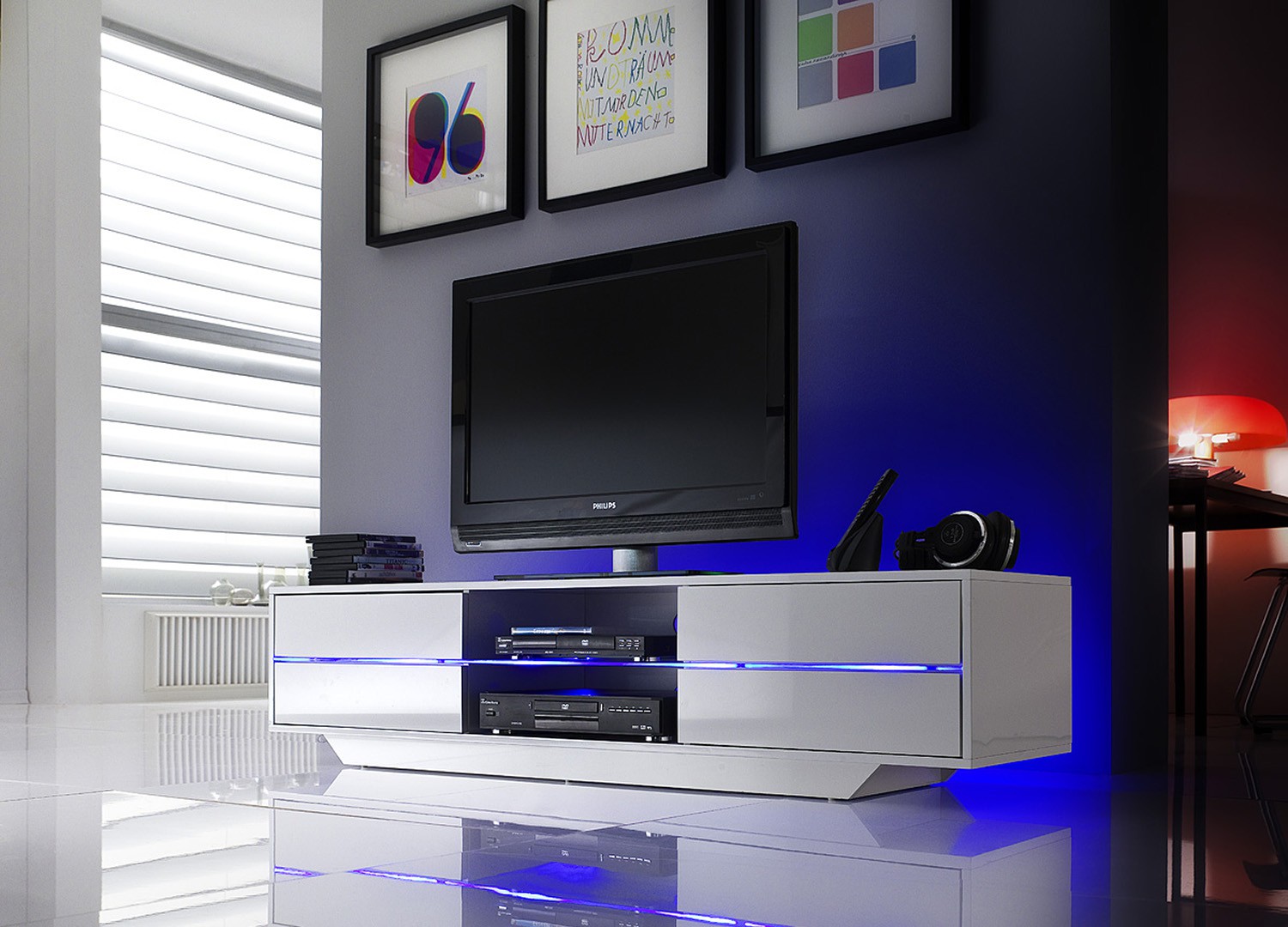 Meuble TV design blanc laqué à led bleu
