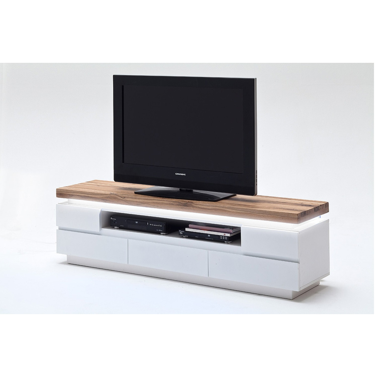 Meuble TV design laqué blanc cassé mat et chêne à led
