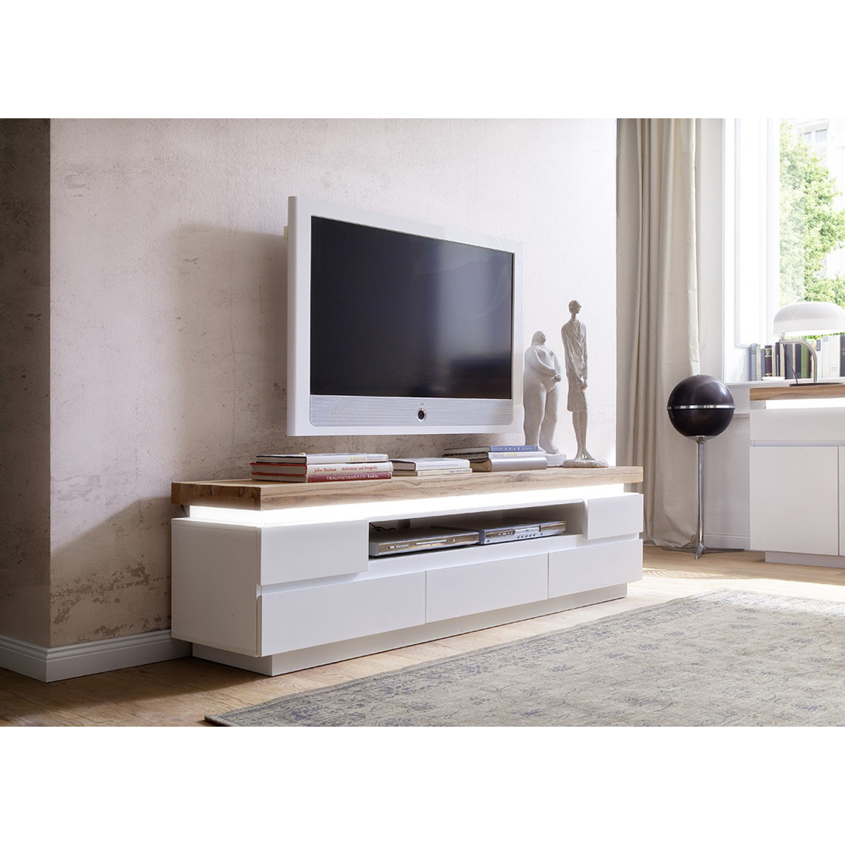 Meuble TV design laqué blanc cassé mat et chêne à led