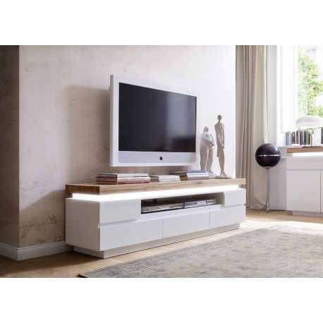 Meuble TV design laqué blanc mat et chêne à led