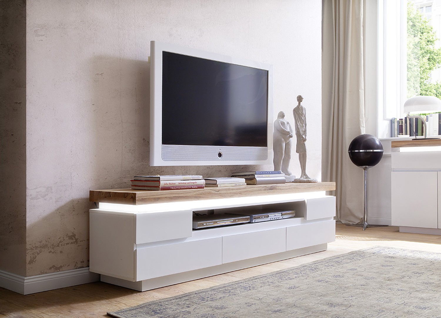 Meuble Tv Design Laque Blanc Mat Et Chene A Led Cbc Meubles