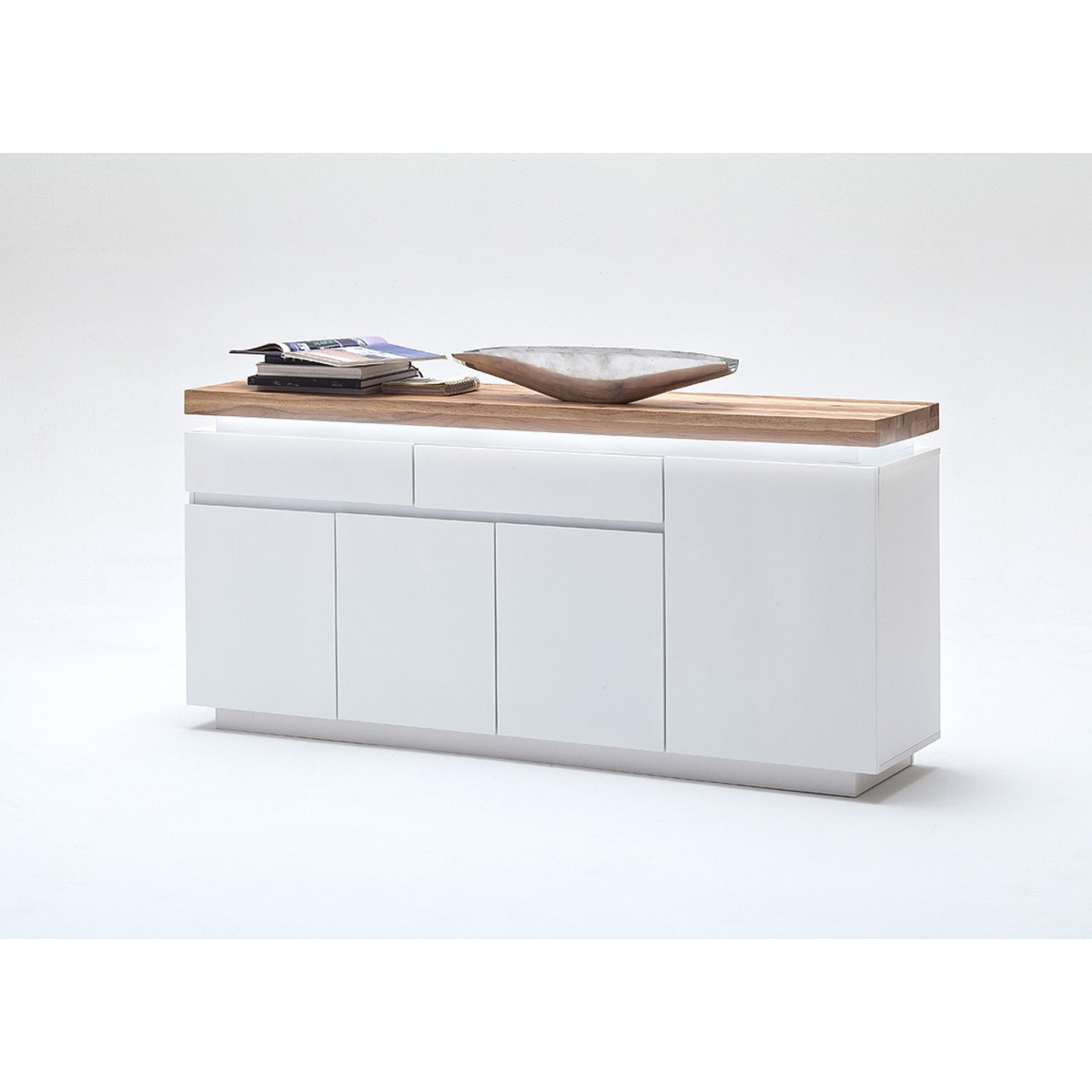 Buffet design laqué blanc cassé mat et chêne à led