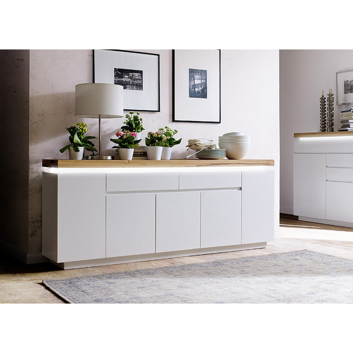 Meuble buffet 2 m blanc cassé mat et bois lumineux