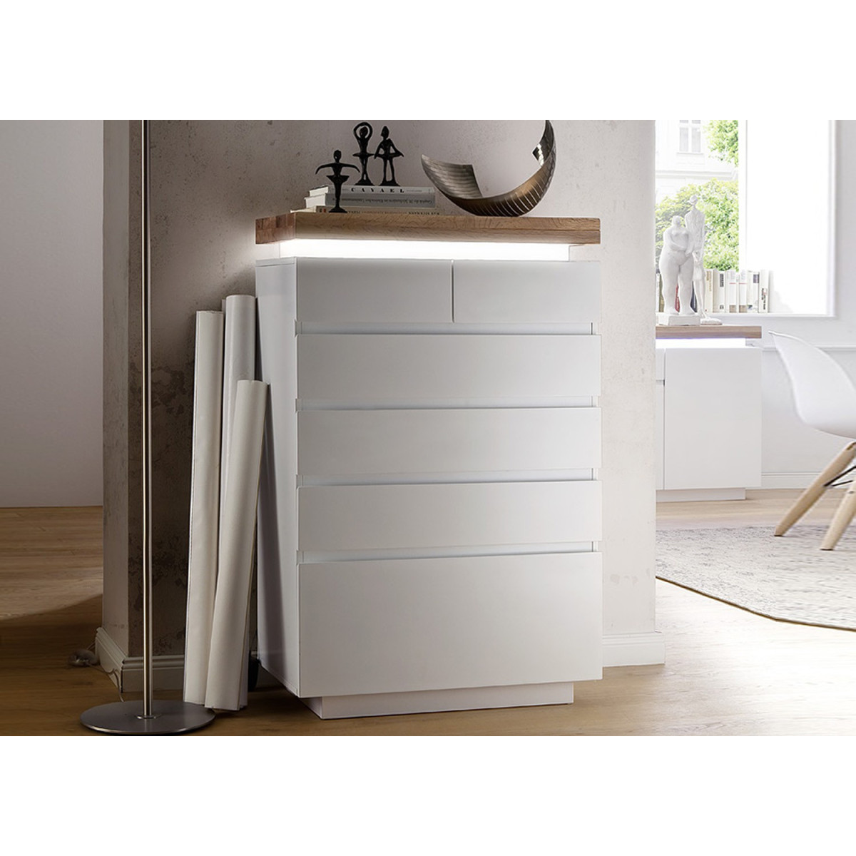 Commode design blanc cassé laqué mat 6 tiroirs