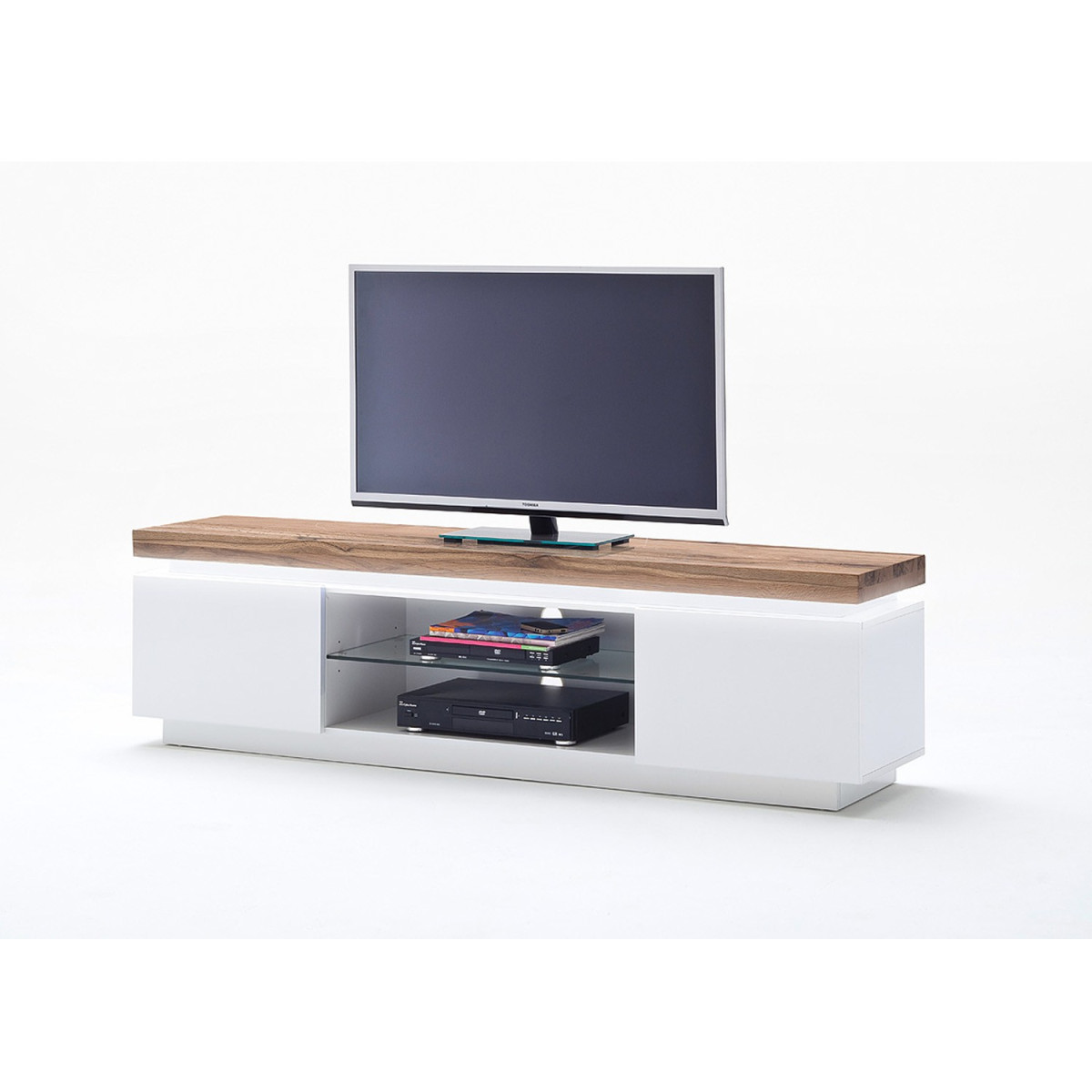 Meuble TV design laqué blanc cassé mat et bois à led