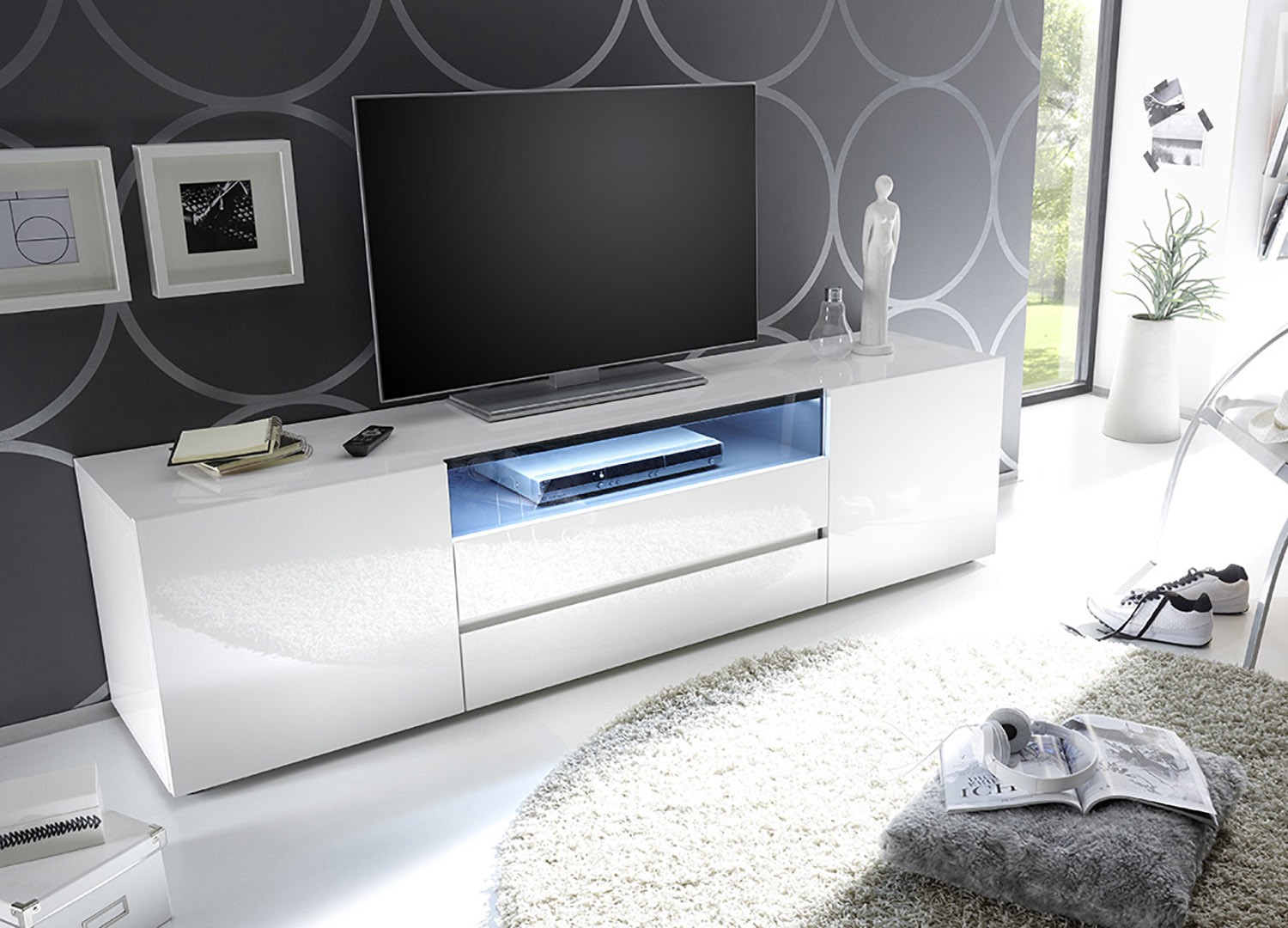 Meuble TV design laqué blanc brillant