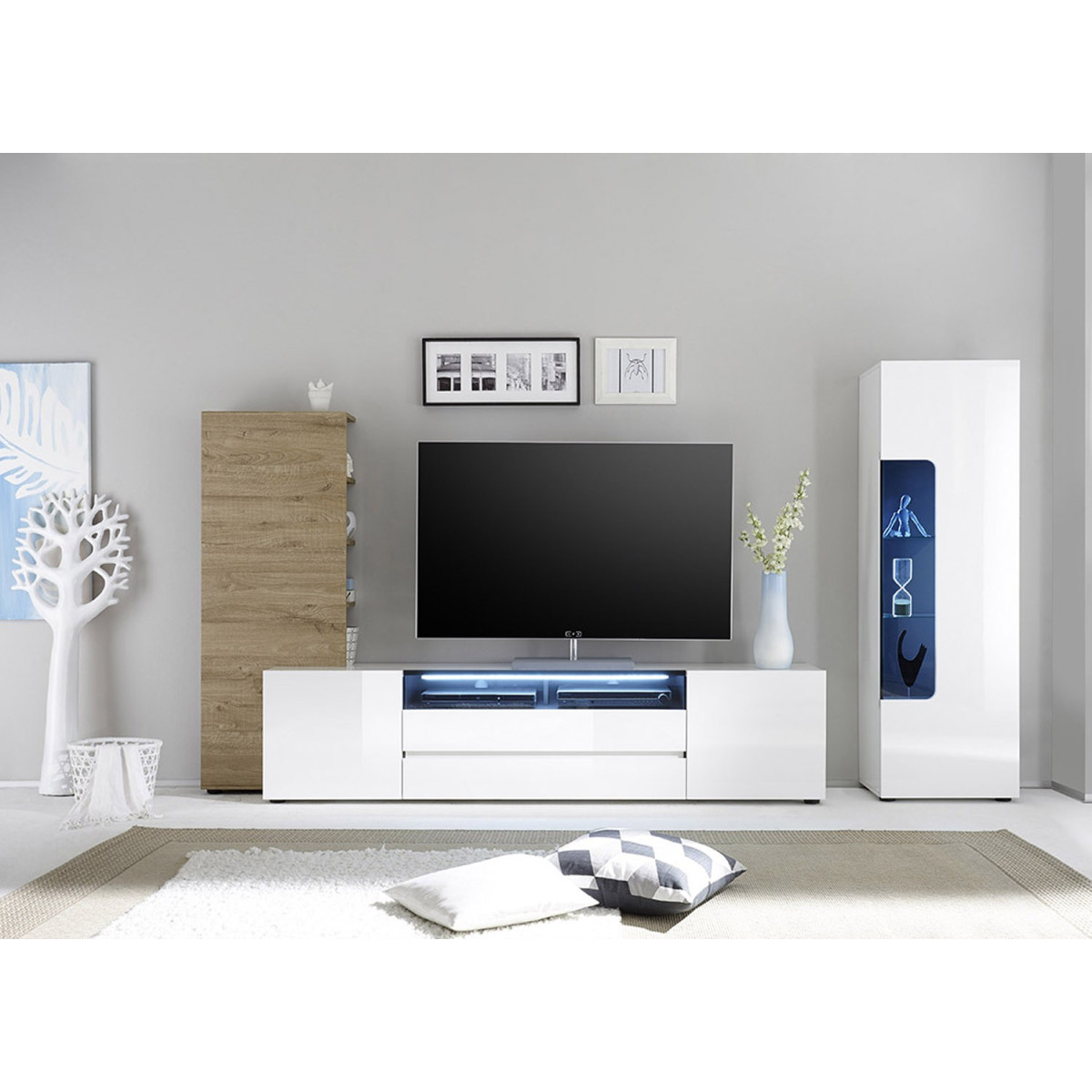 Meuble TV mural design laqué blanc et chêne