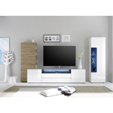 Meuble TV mural design laqué blanc et chêne