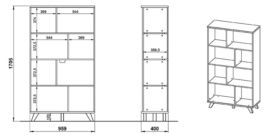 Détail des dimensions du meuble étagère blanc et bois