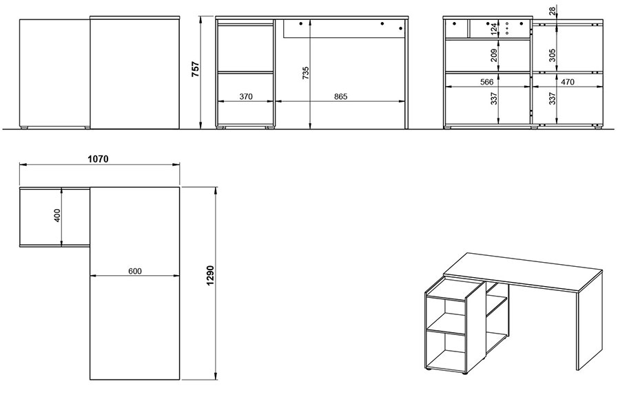 dimensions détaillées du bureau d'angle