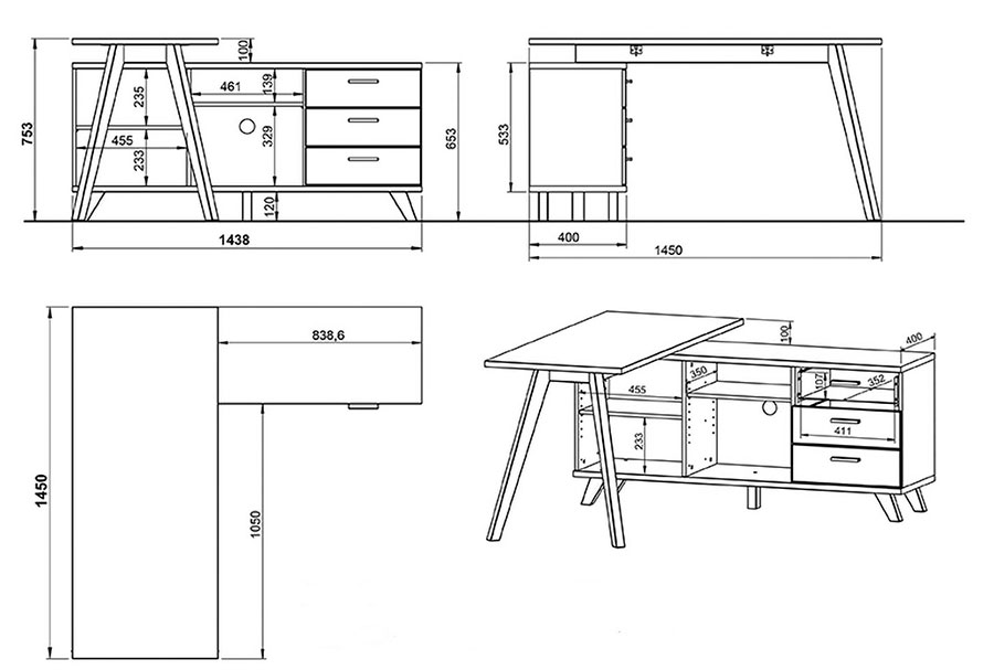 Dimensions du bureau d'angle