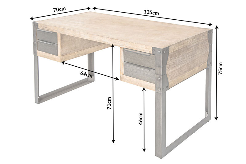 Bureau industriel teck chaulé 135 cm