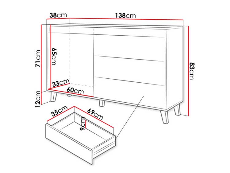 dimensions détaillées du petit buffet