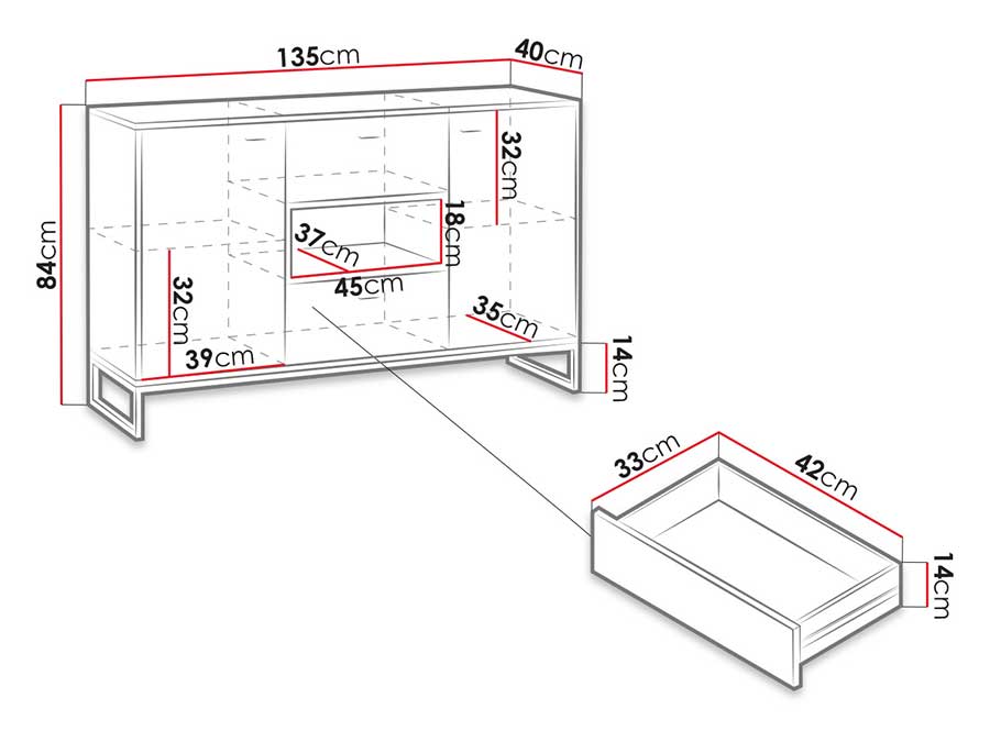 Dimensions détaillées du buffet