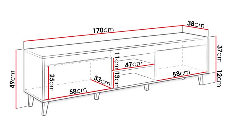 Dimensions détaillées du meuble tv