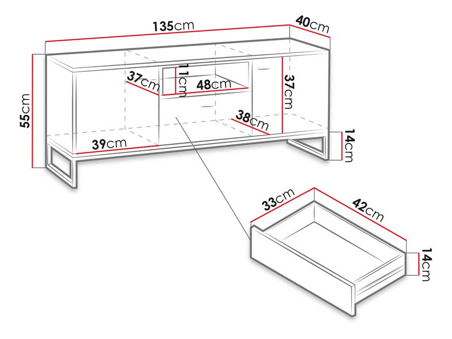 Dimensions détaillées du meuble tv