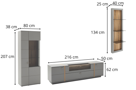 Dimensions détaillées de l'ensemble tv gris et bois