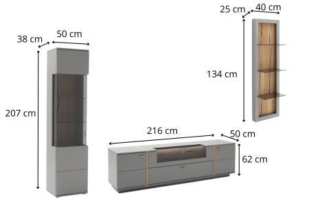 Dimensions détaillées de l'ensemble tv mural gris et bois