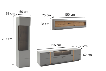 Dimensions détaillées de l'ensemble tv mural gris et bois