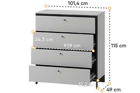 Dimensions détaillées de la commode 4 tiroirs