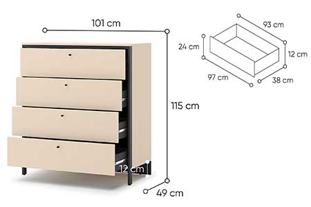 Dimensions détaillées de la commode
