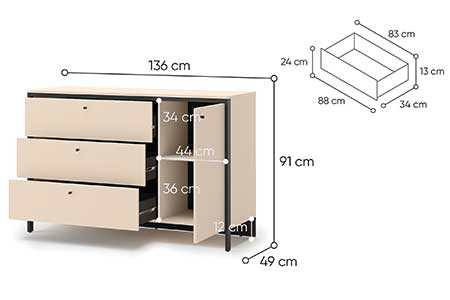 Dimensions détaillées de la commode