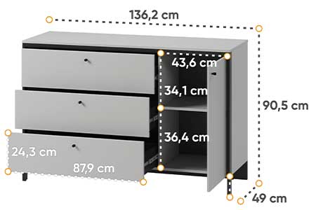 Dimensions détaillées de la commode 3 tiroirs et 1 porte