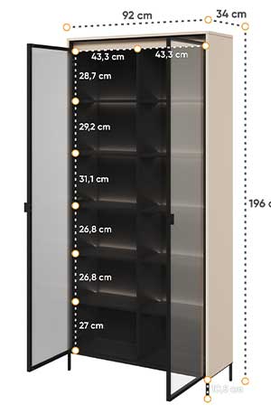 Dimensions détaillées de la vitrine