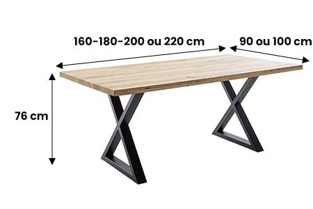 Table en chêne et pied X en métal noir