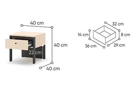 Dimensions détaillées de la table de chevet