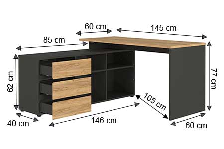 Dimensions détaillées du bureau d'angle